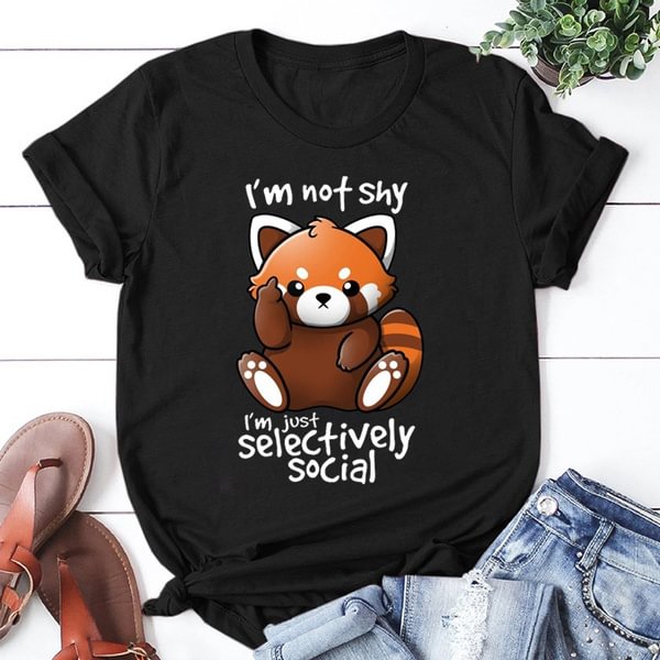 Panda I'm Not Shy I'm Just Selectively Social Print T-shirts For Women Summer Fashion Casual Short Sleeve Round Neck Ladies Tops - BlackFridayBuys