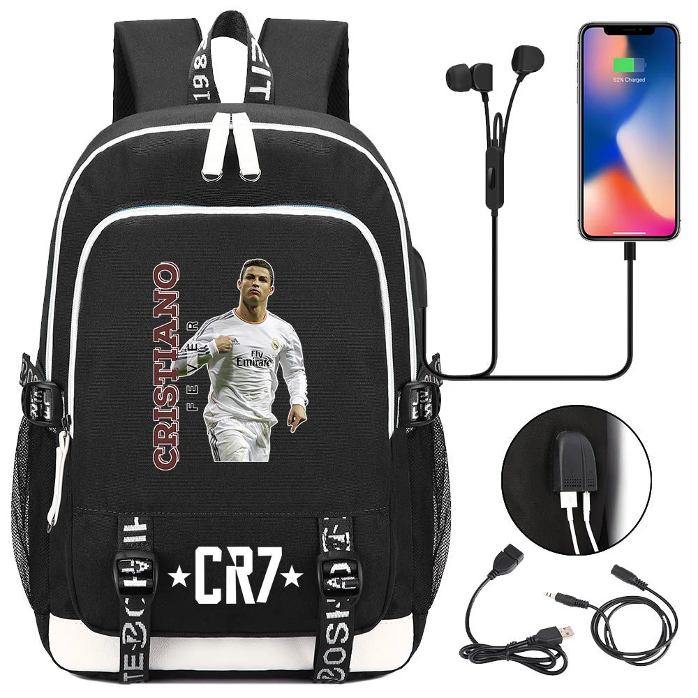 Buzzdaisy Cristiano Ronaldo Printed Backpack with USB Charging Port and Laptop Protection - Multi-Pocket Large Capacity Schoolbag