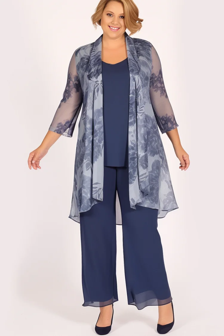 Flycurvy Plus Size Mother Of The Bride Navy Blue Flora Print Loose Three Piece Pant Suit With Jacket  Flycurvy [product_label]