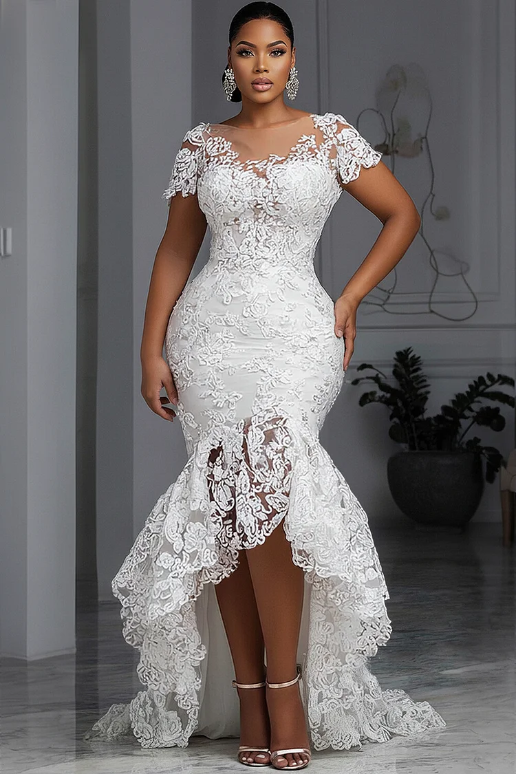 Xpluswear Design Plus Size Wedding White Round Neck Short Sleeve Bodycon High Low Hem Guipure Lace Midi Dresses [Pre-Order]