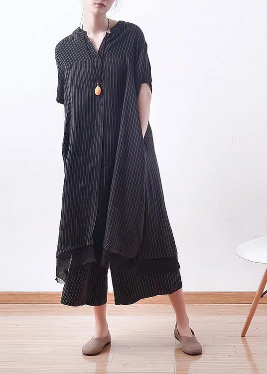 Stylish Black Striped Silk Button Summer Two Pieces Set