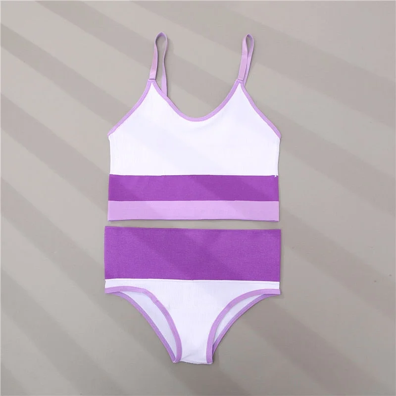 FINETOO High Waist Fitness Women Bra Set Patchwork Female Lingerie Ribbed Bikini Seamless Sport Push Up Brassiere Underwear Sets