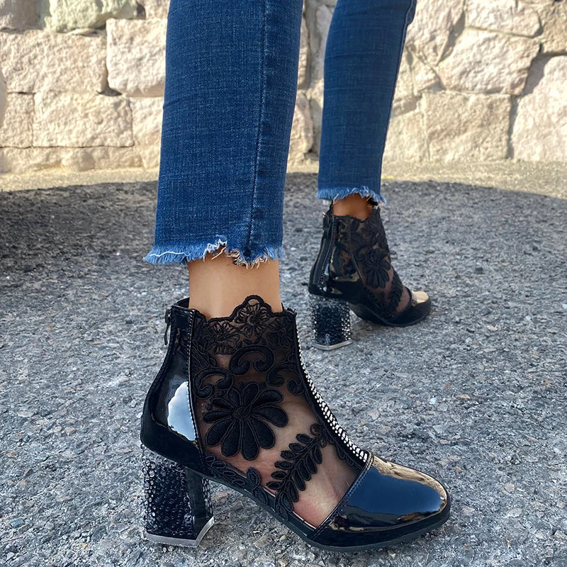 Sexy Black Mesh Embroider Ankle Boots For Women Summer 2022 Crystal Square Heels Boots Woman Round Toe Lace Short Botas