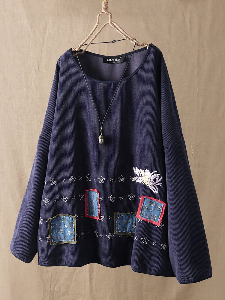Corduroy Floral Embroidered Patch Long Sleeve Blouse P1588642
