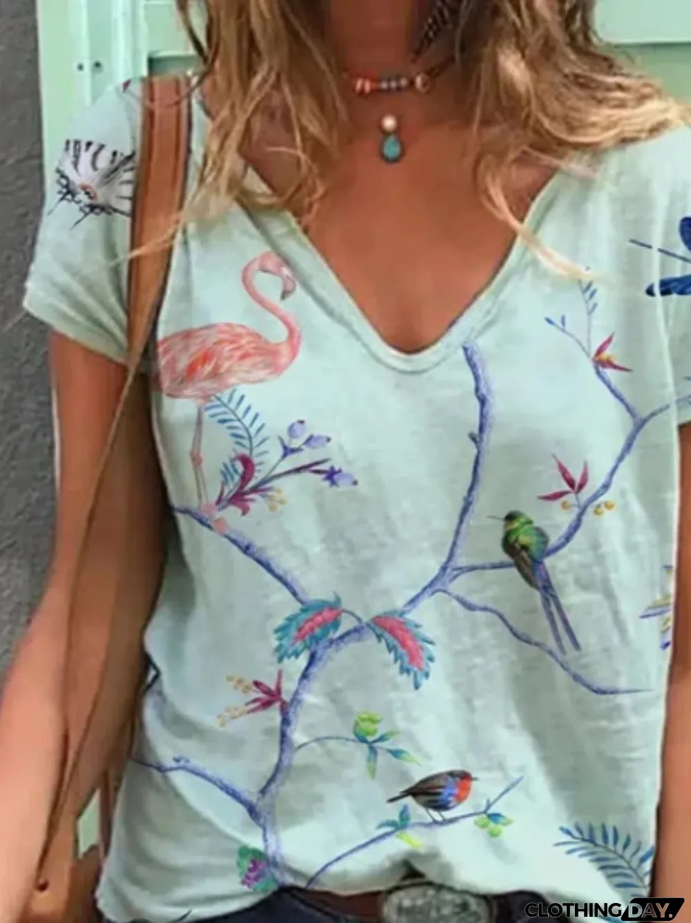 Women's V-neck Short Sleeve Printed Tops