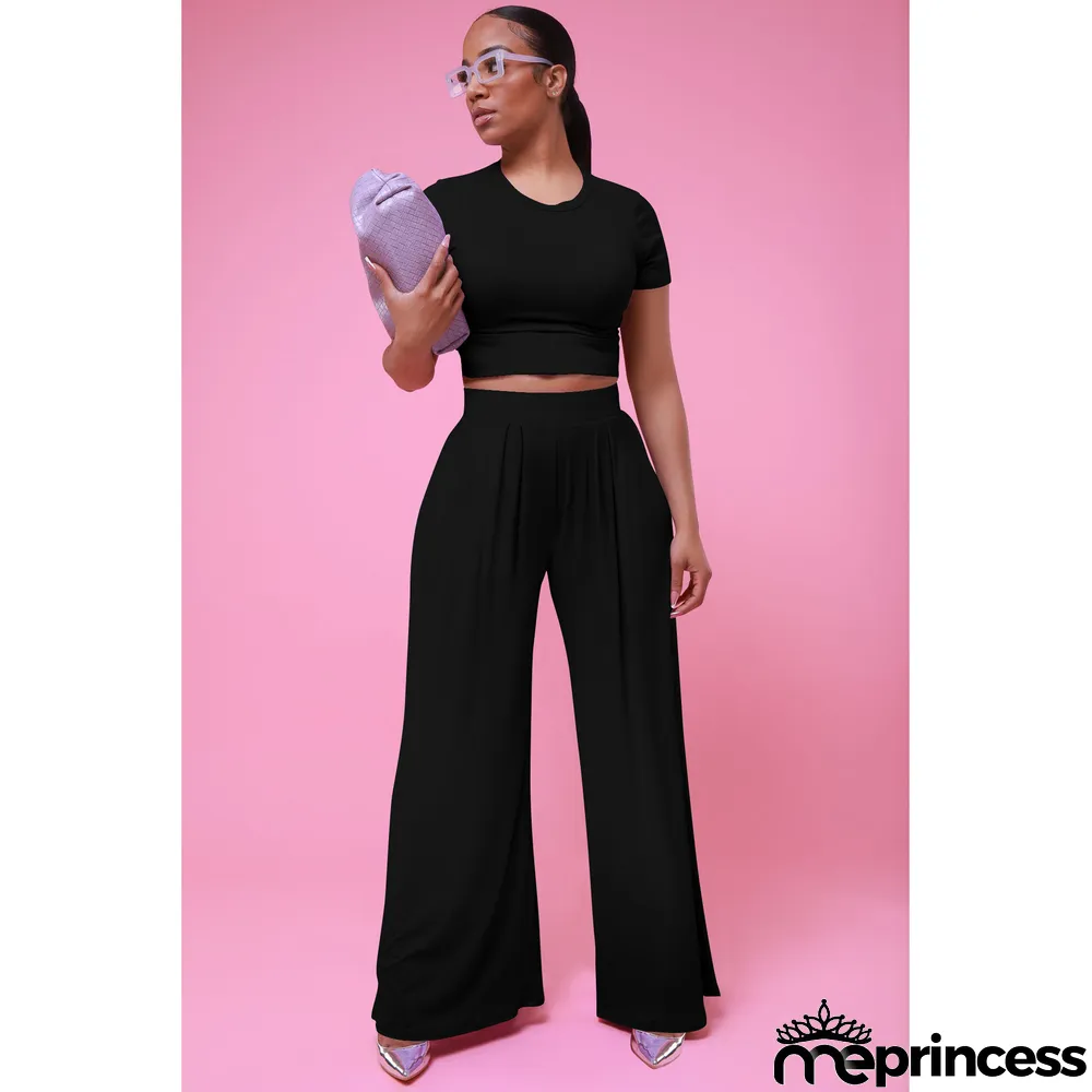 Casual Solid Short Sleeve Wide Leg Pant Two Piece Set
