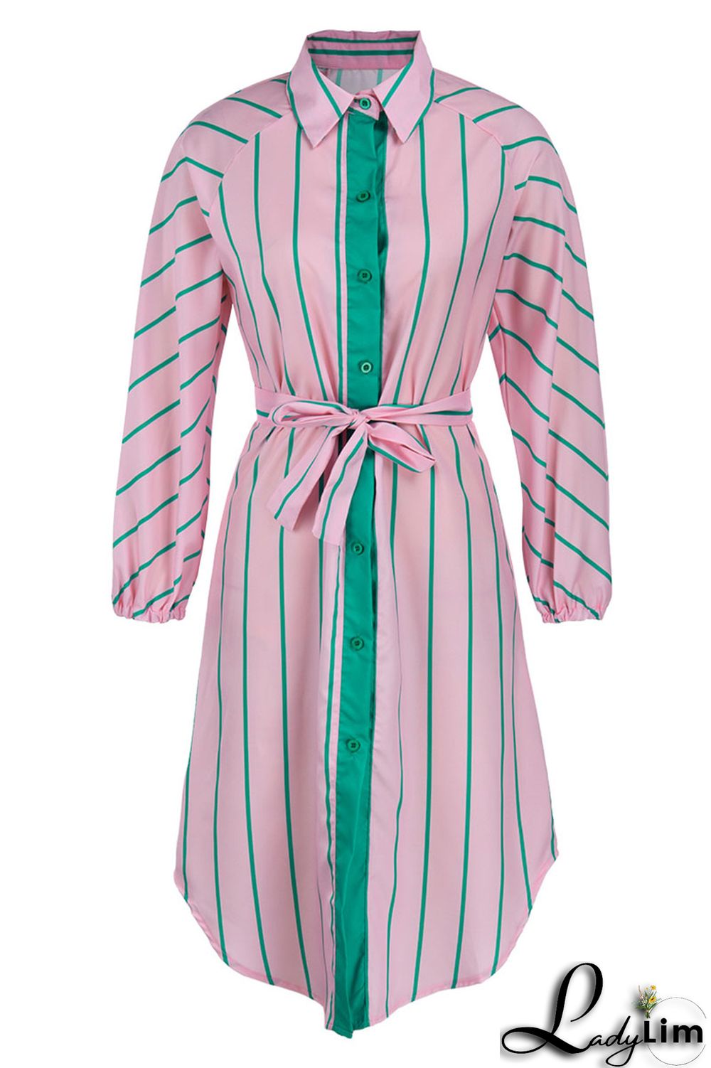 Pink Fashion Striped Print With Belt Turndown Collar Shirt Dress