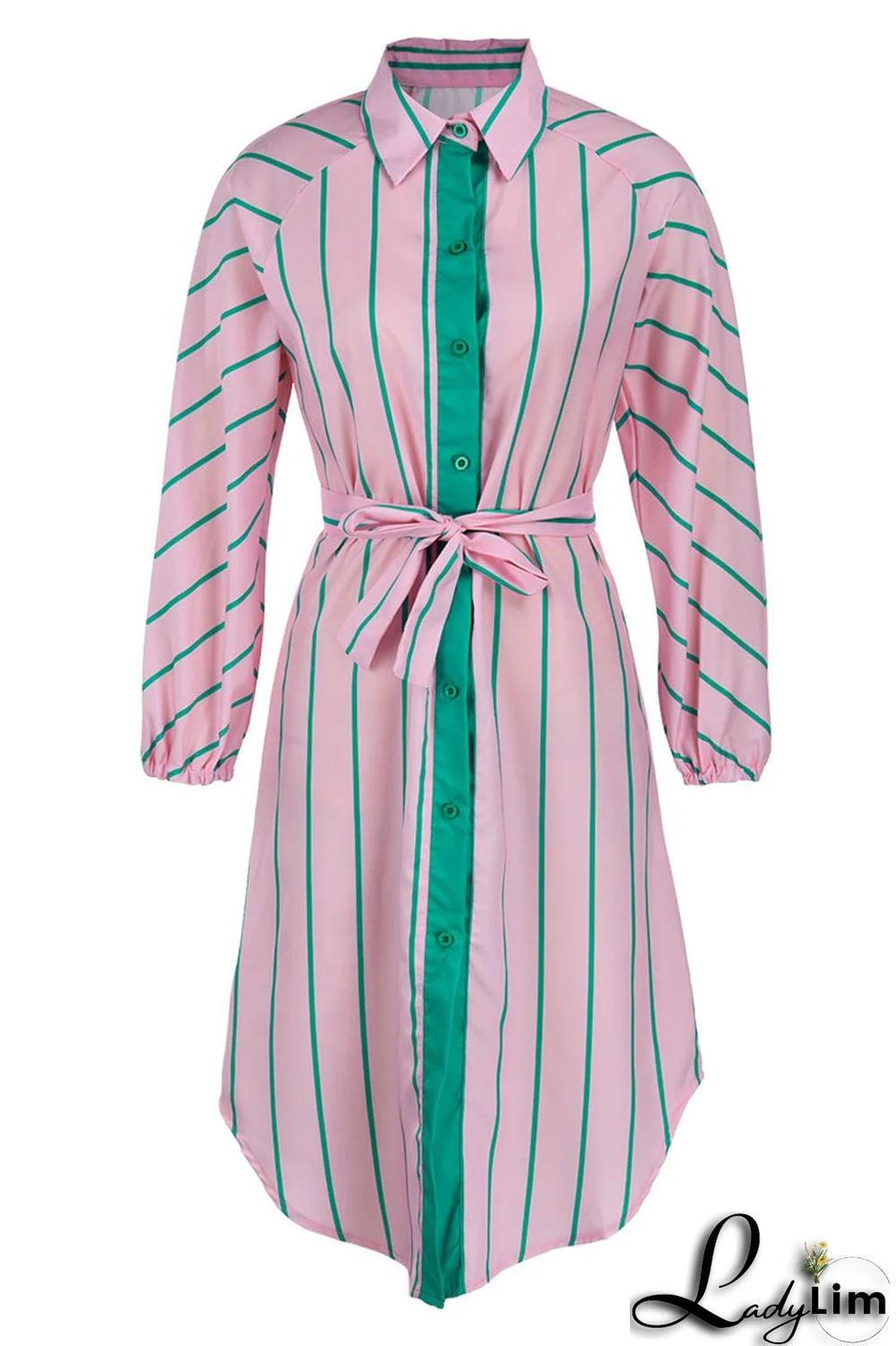 Pink Fashion Striped Print With Belt Turndown Collar Shirt Dress