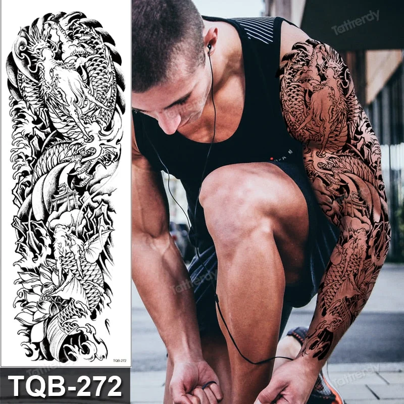 Totem Tribal Dragon Dragon Wolf Temporary Tattoos Full Arm Sleeve Large Body Art Painting Men Adult Sexy Tattoo Waterproof Black
