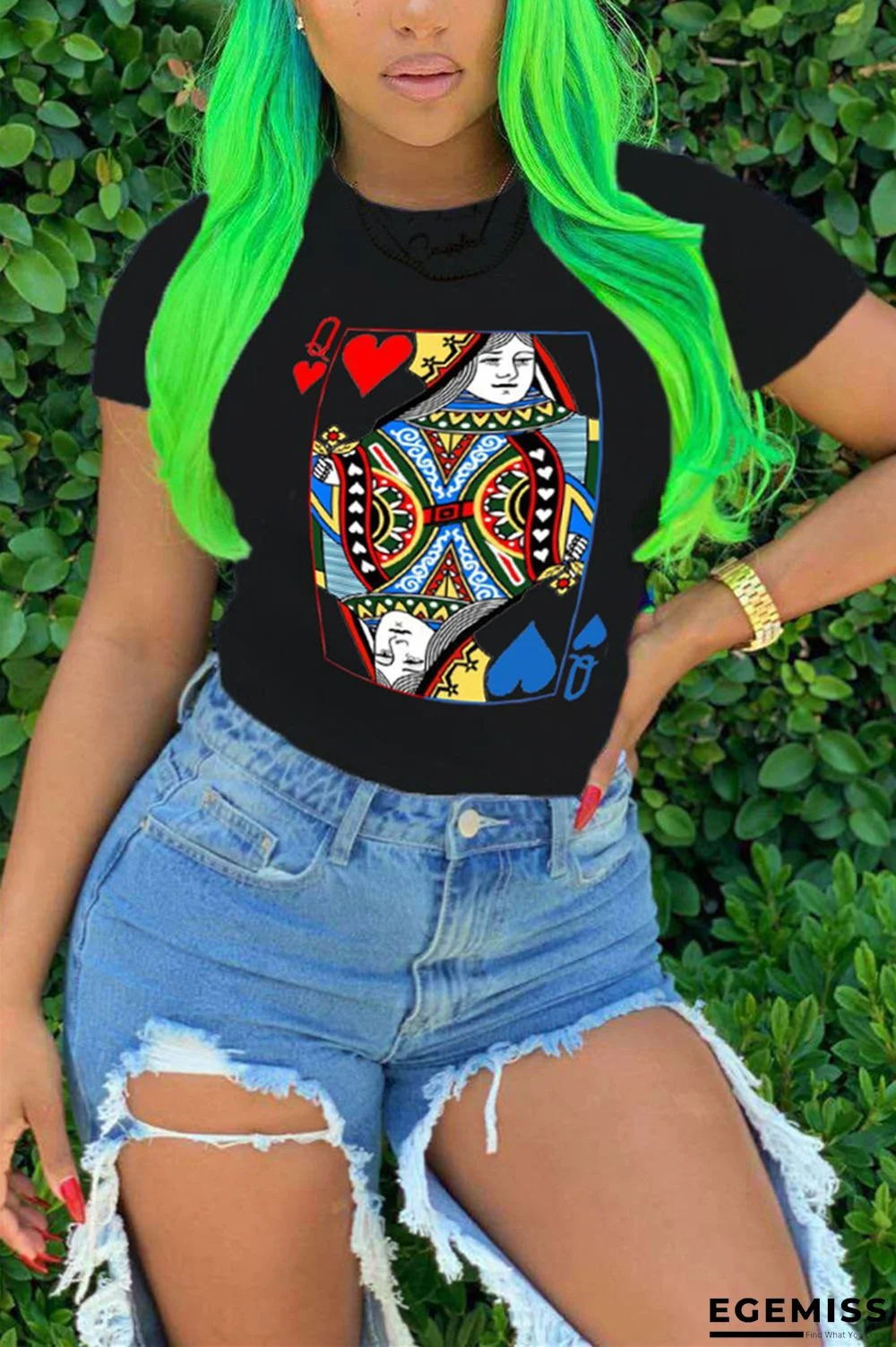 Black Nylon O Neck Short Sleeve Geometric Print Tops | EGEMISS