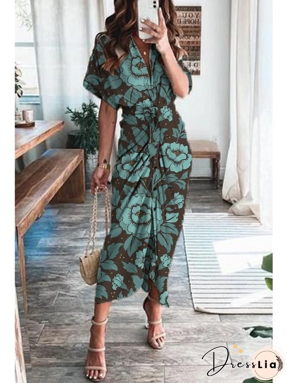 Print Satin Pleated Classy Bandage Shirt Dress