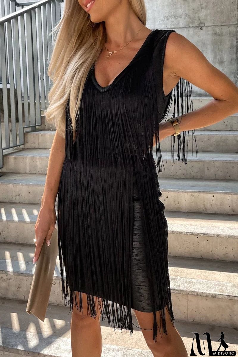 MidiSono - Sexy Party Solid Tassel V Neck Wrapped Skirt Dresses
