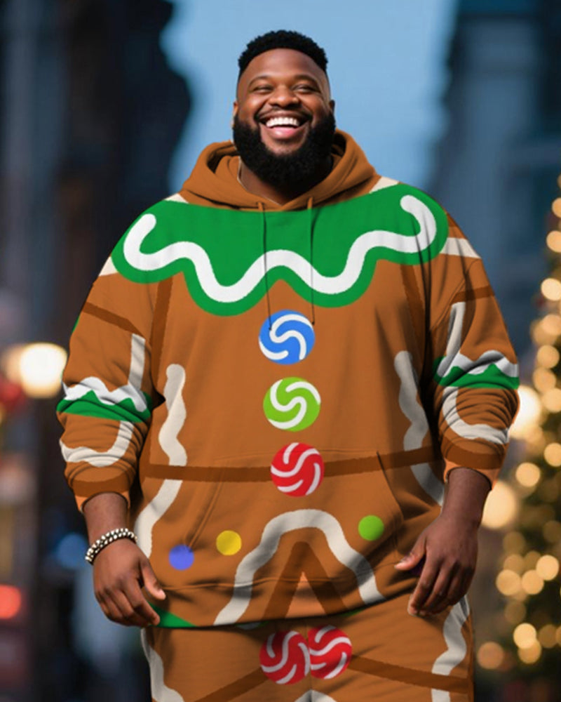 Big & Tall Men's Christmas Fun Gingerbread Man Cosplay Printed Hoodie Suit