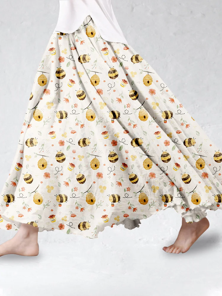 Lovely Bees Pattern Linen Blend Flowy Wide Skirt