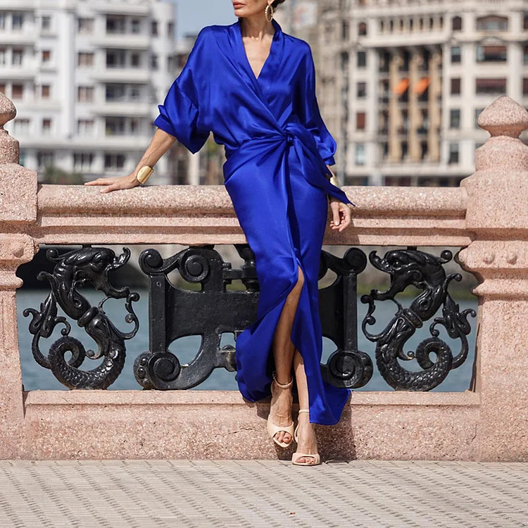 Solid Color Elegant V-Neck Slit Midi Dress