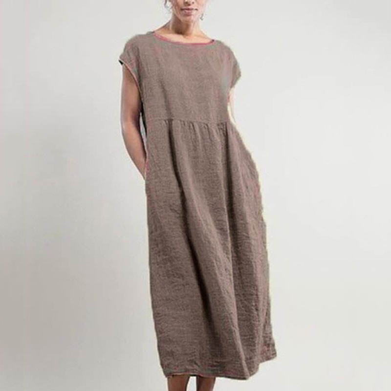 Solid sleeveless loose cotton linen pocket dress