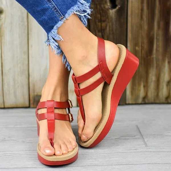 Adjustable Buckle T-Strap Wedge Sandals