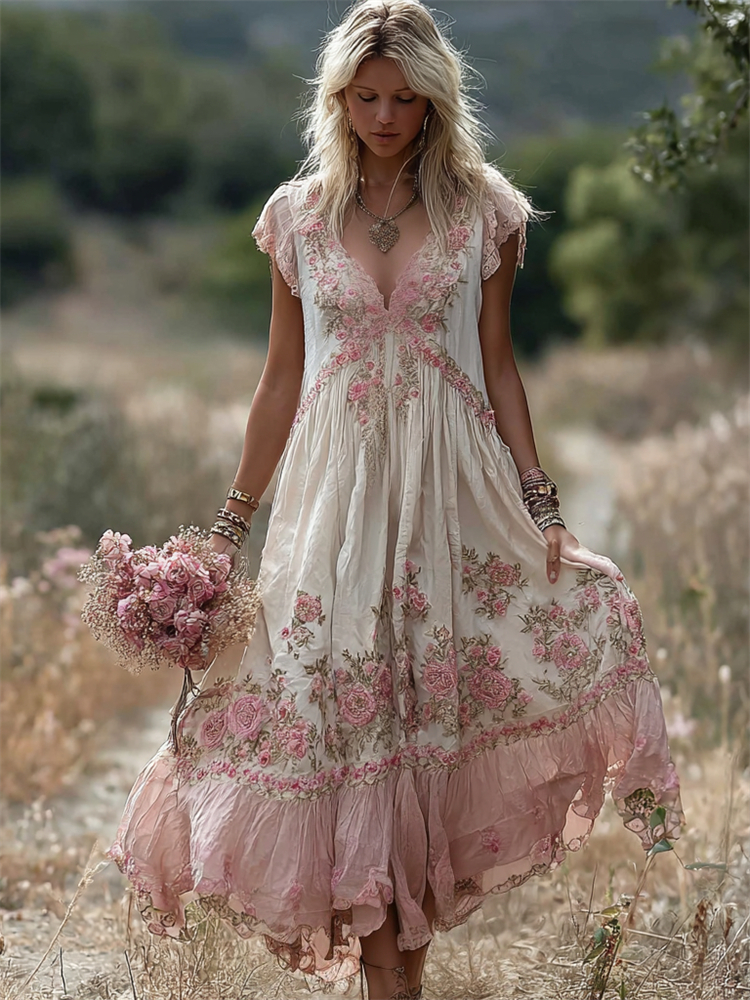 Boho Pink Floral Embroidered Lace Trim Flowy Linen Maxi Dress wearshes