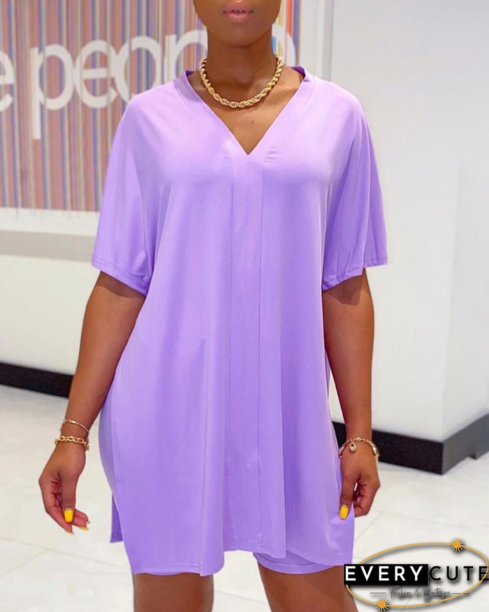 Batwing Sleeve Slit Top & High Waist Shorts Set P10161