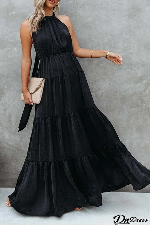 Elegant Halter Neck Tie Striped Pleated Dress