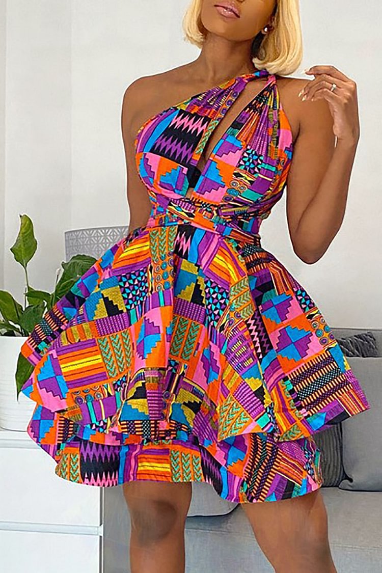 Xpluswear Plus Size One Shoulder Cut Out Ankara All Over Print A-Line Overlay Mini Dress [Pre-Order]