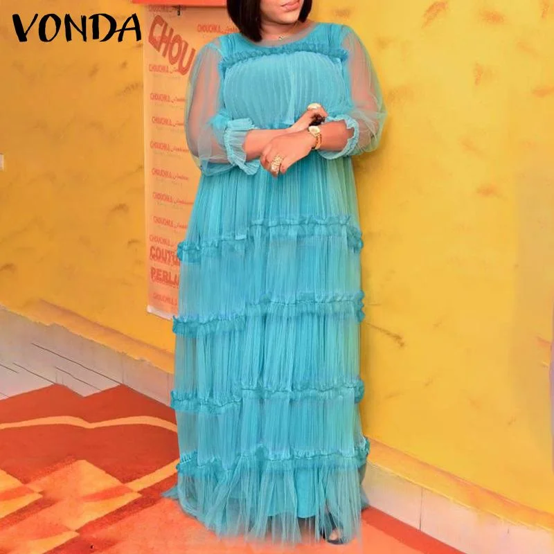 VONDA Women Pleated Dress Summer Sexy See Through Long Maxi Dresses  Holiday Party Dress With Two-piece Sets Femme Robe