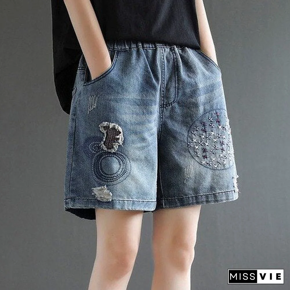 Women's Denim Shorts Loose Embroidery Pattern Wide Short Elastic Waist Summer Shorts Jeans Plus Size Clothing for Women 4xl 5xl