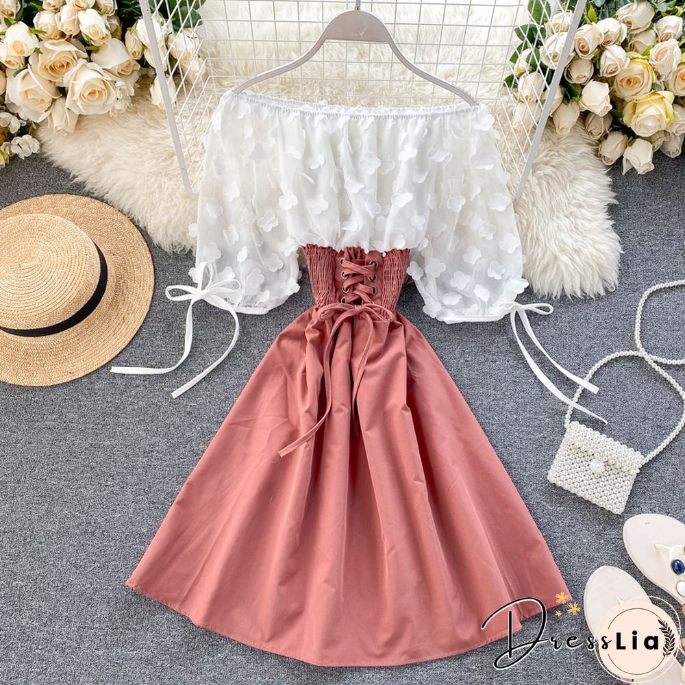 Sexy Off Shoulder Patchwork Summer Short Dress Party Flower Chiffon Slim Waist Lace Up Women Casual A-Line Beach Dress