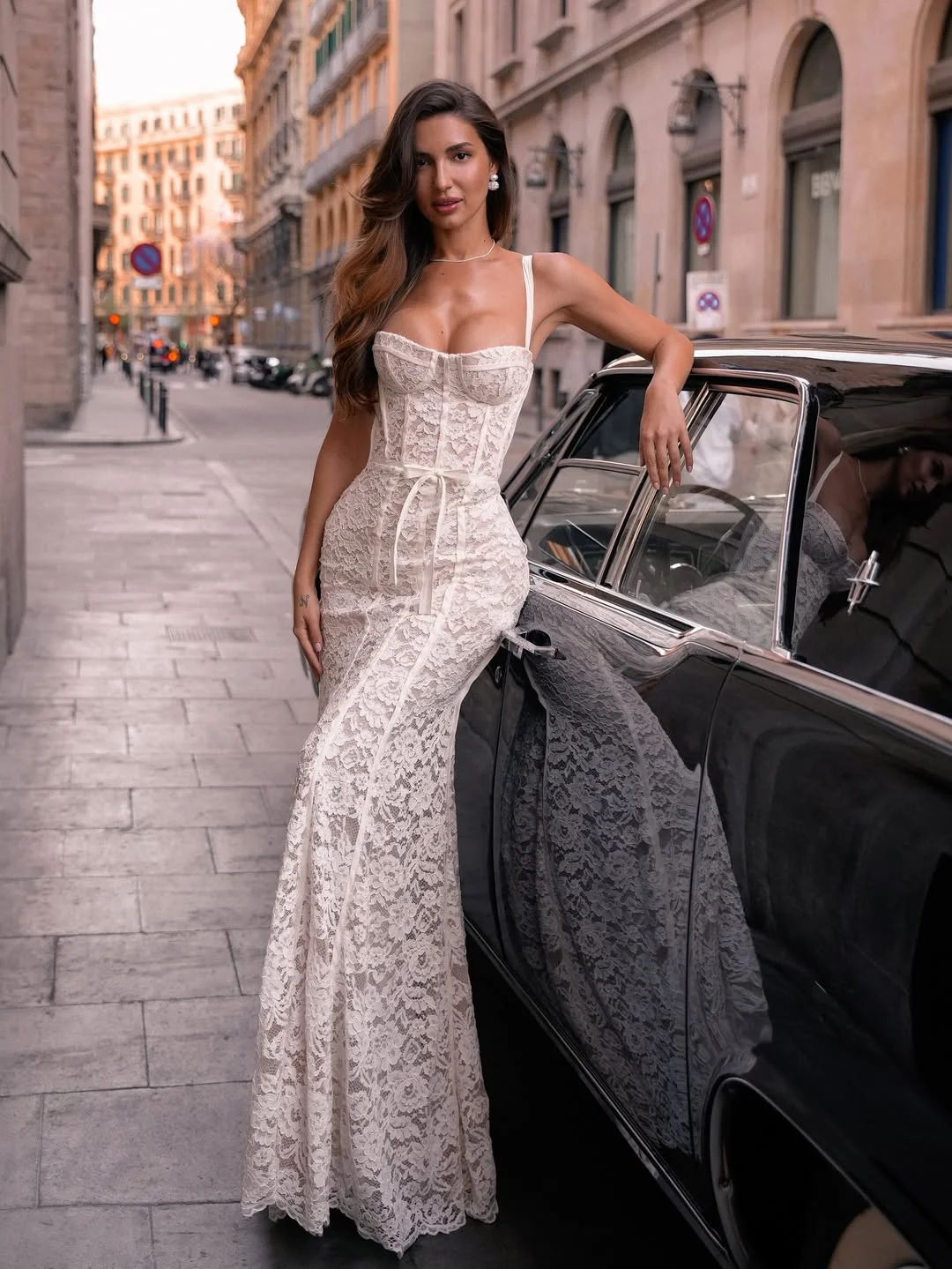 Romantic Cream Sleeveless Spaghetti-Straps Lace Mermaid Prom Dress YK0148