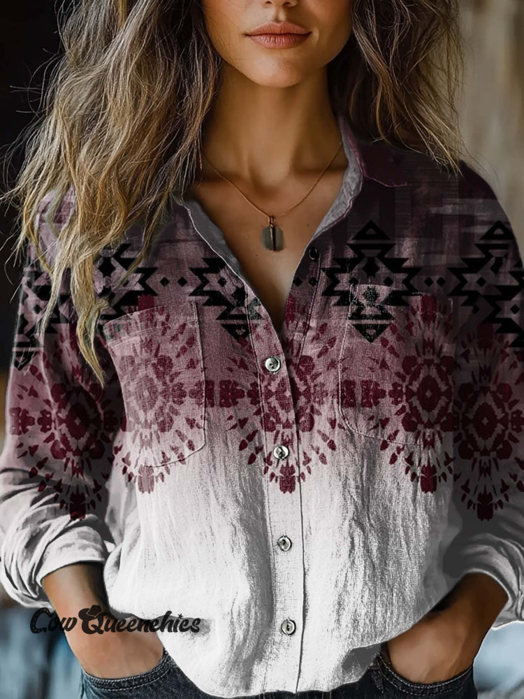Women’s Purple Gradient Aztec Art Print Casual Long Sleeve Comfortable Cotton Shirt Multicolor / S