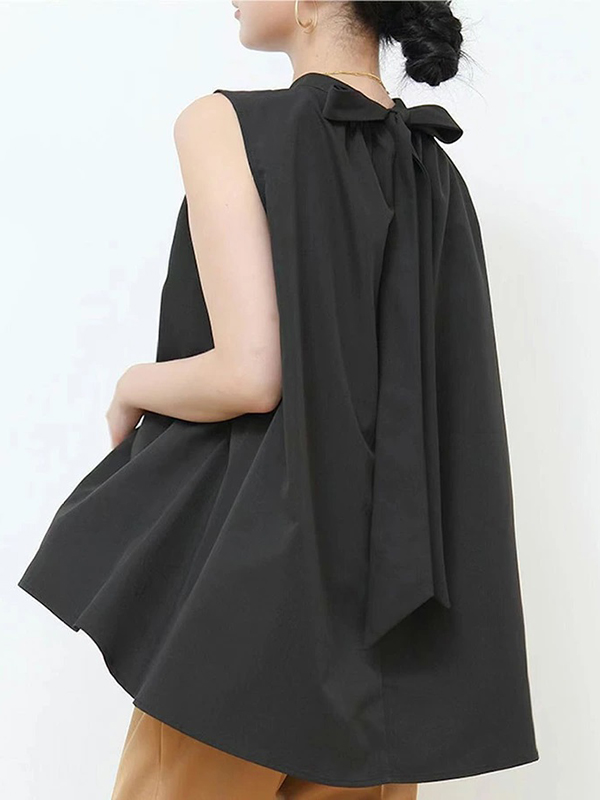 Solid Color Bow Tie Lace-Up Sleeveless Blouses