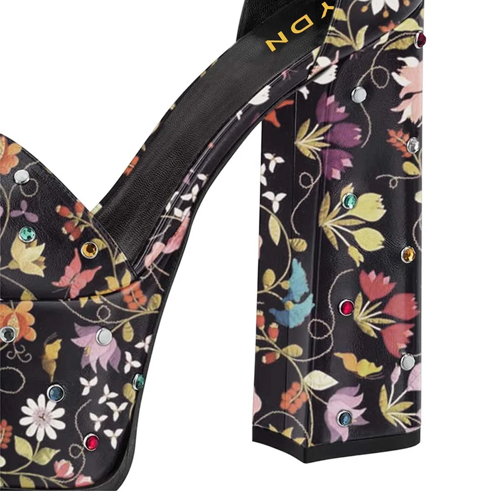 Multicolor Open-Toe Flower Print Rhinestone Platform Sandals
