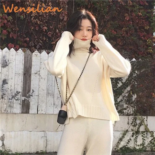 Women Winter Suit Sweater Tracksuit Knitted Turtleneck Clothes 2 Pieces Set Pants Ladies Loose Clothing Suits Female 2019