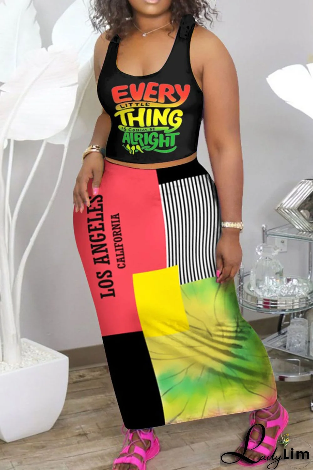 Black Orange Fashion Sexy Print Basic U Neck Plus Size Two Pieces