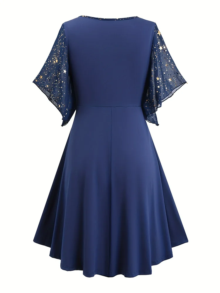 Plus Size Women's Elegant Dress - Star Pattern Mesh Stitching, Gathered Irregular Sleeve, Perfect For Spring & Summer, Comfortable And Stylish Clothing