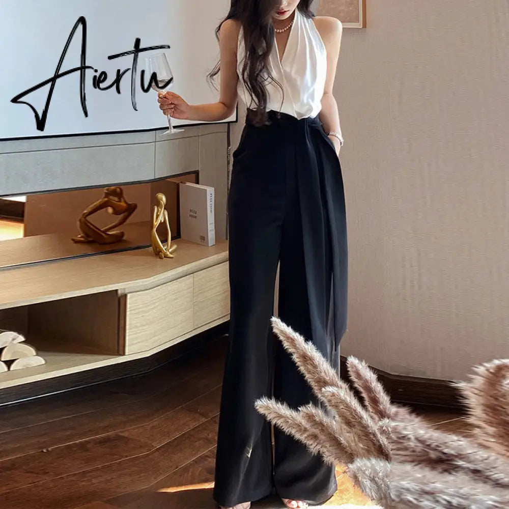 French Elegant Jumpsuits Women Casual Sleeveless Black and White Crop Tops + Loose Pants Office Lady Korean Clothing Summer Aiertu