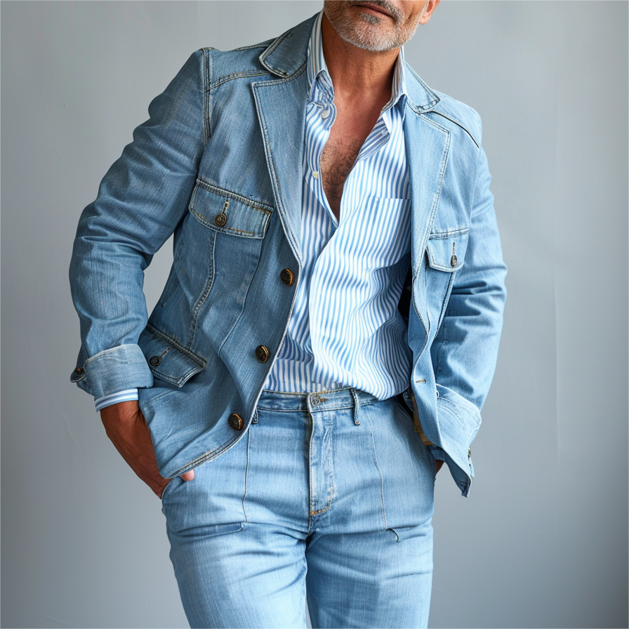 Men's Denim Notch Lapel Three Button Jacket