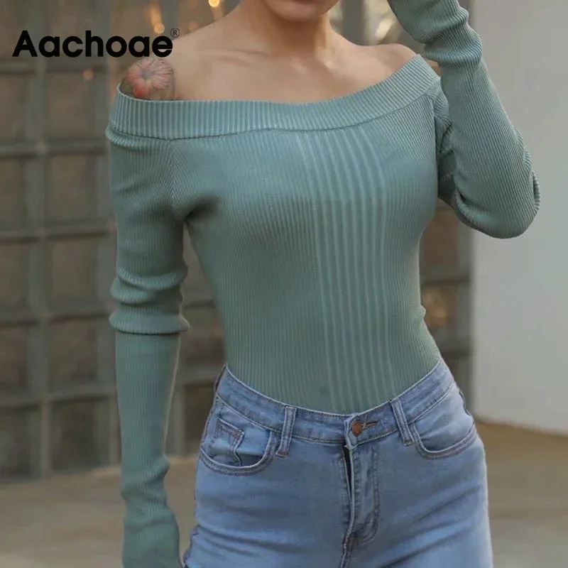 Aachoae Women Sexy Off Shoulder Knitted Bodysuit 2021 Solid Long Sleeve Bodycon Jumpsuit Streetwear Casual Slash Neck Playsuit