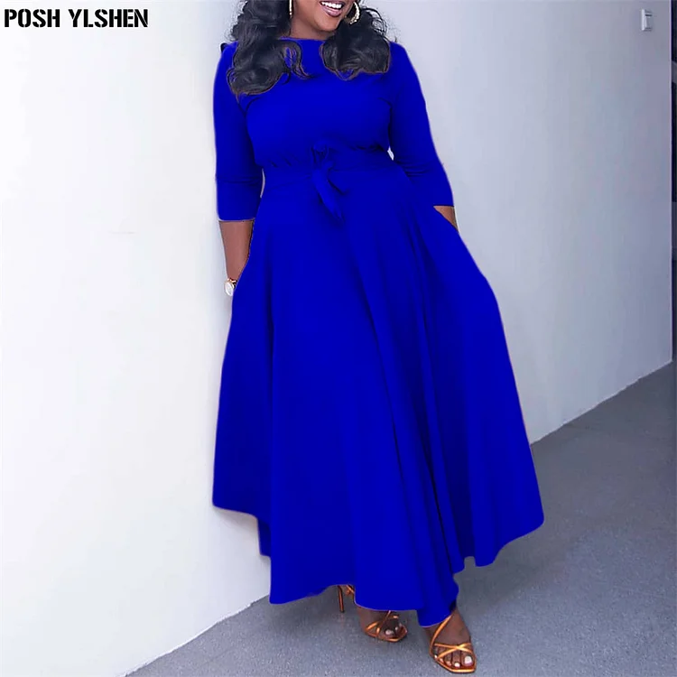 Waist Belt Dress African Dresses for Women 2022 Fall Daily Elegant High Waist Bandage 3/4 Long Sleeve Robe Femme African Clothes QueenFunky