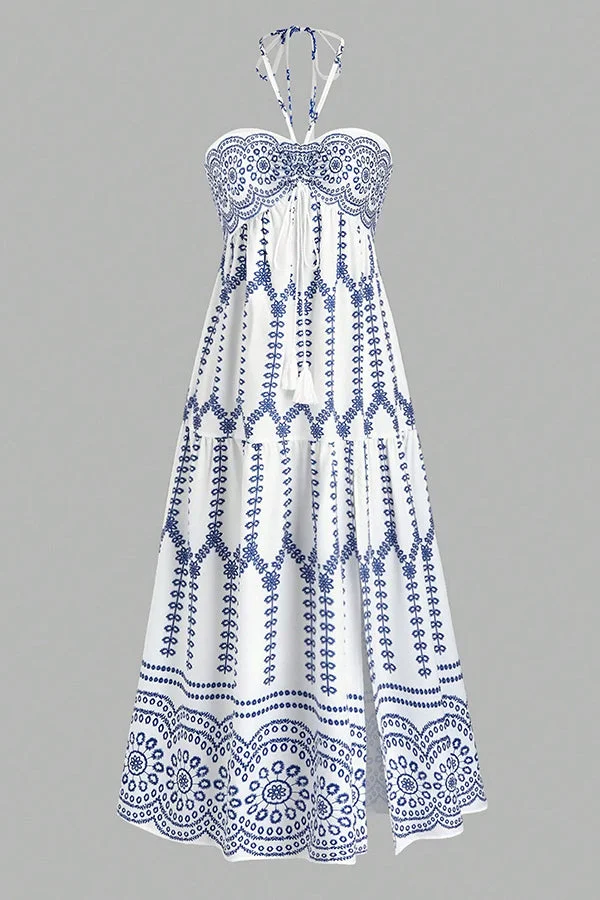 Bohemian Holiday Style Unique Print Halter Neck Tie Slit Midi Dress