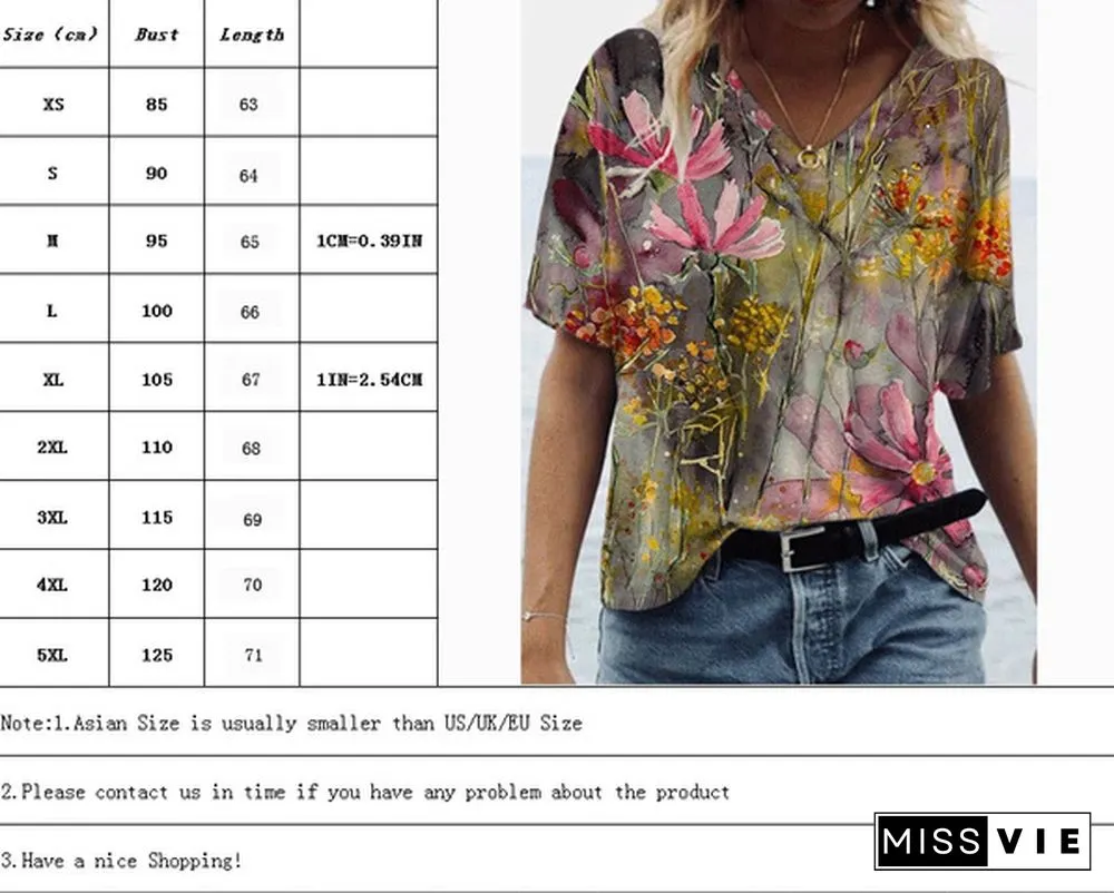 New Fashion Women's Abstract Printed Short Sleeve Tops Casual Blouse Fashion V-neck Tshirt