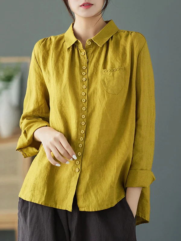 Vintage Solid Color Buttoned Pleated Lapel Collar Long Sleeves Blouse