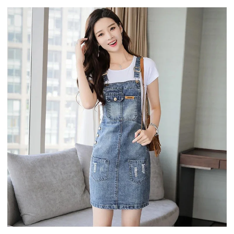 Tlbang Summer Women Fashion Denim Dress Sundress Casual Slim Overalls Dresses Female Solid Strap Mini Jeans Dress S-3XL