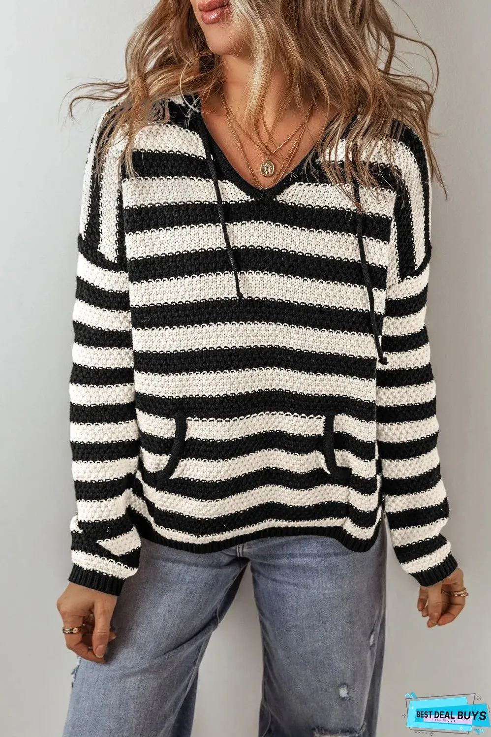 Drawstring Striped Long Sleeve Hooded Sweater