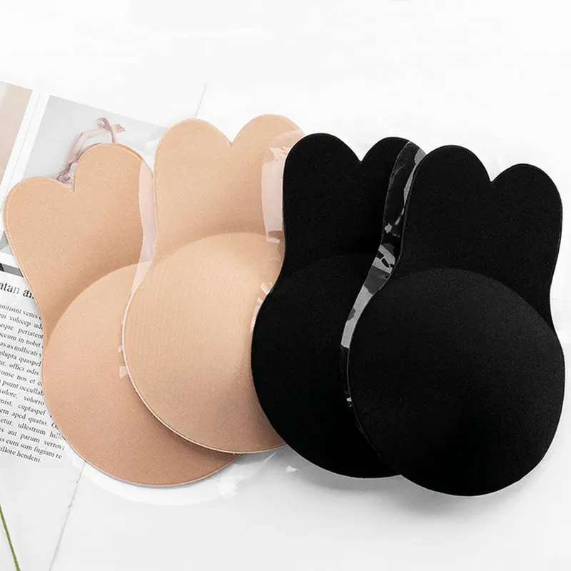 Alccn Women Push Up Bras Self Adhesive Silicone Strapless Invisible Bra Reusable Sticky Breast Lift Tape Rabbit Nipple Cover Bra Pads