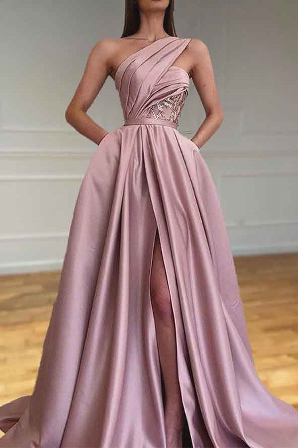 Ovlias Graceful Pink One shoulder Split Satin Formal Sleeveless Prom Dress LY0452