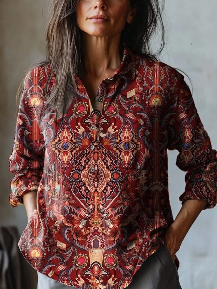 Women's Vintage Lovely Floral Art Print Casual Cotton And Linen Shirt