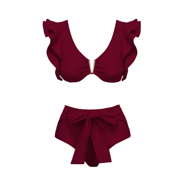 Flaxmaker Ruffle Wine Red Bikini Swimsuit 