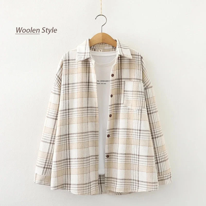 Women Spring Vintage Woolen Plaid Jackets Full Sleeve Turn-Down Collar Button Up Pockets Shirts Autumn Casual Basic Outwear T0O9