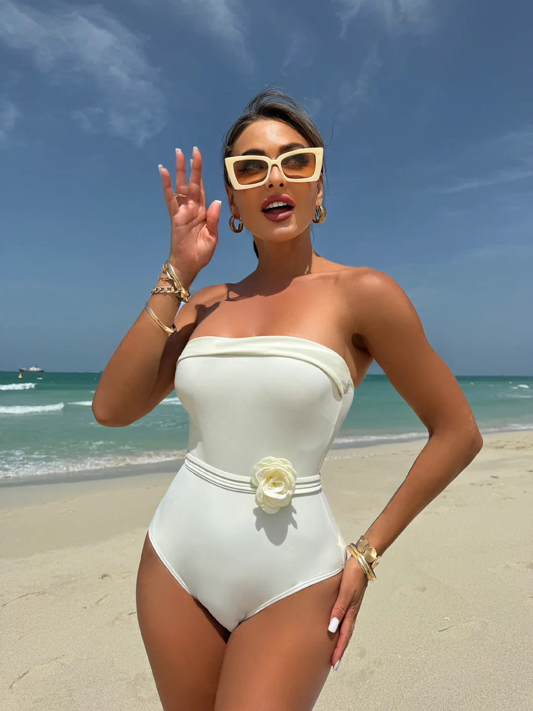 Brownm 2024 New One-Clothing Multi-Clothed Drawstring With Small Flower Swimsuit Bikini Bikini